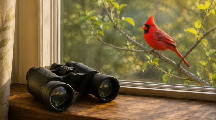 Illustration of binoculars for birdwatching, with a Northern Cardinal in view