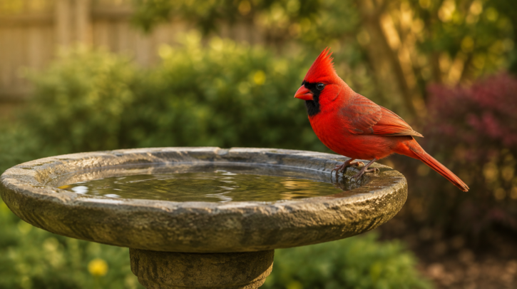 Illustration of a Northern Cardinal at a pedestal bird bath