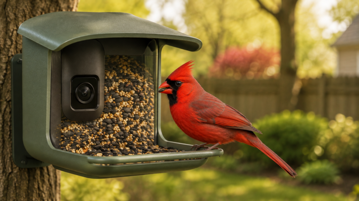 Illustration of a Northern Cardinal visiting a smart camera bird feeder