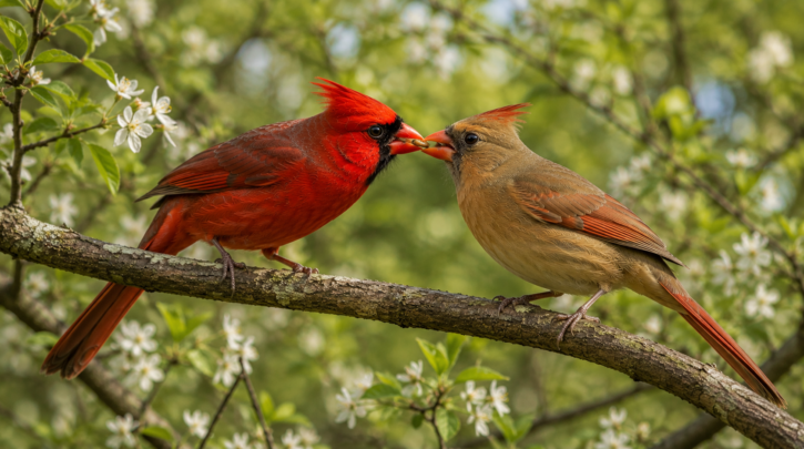 Illustration of a male Northern Cardinal courtship-feeding a female