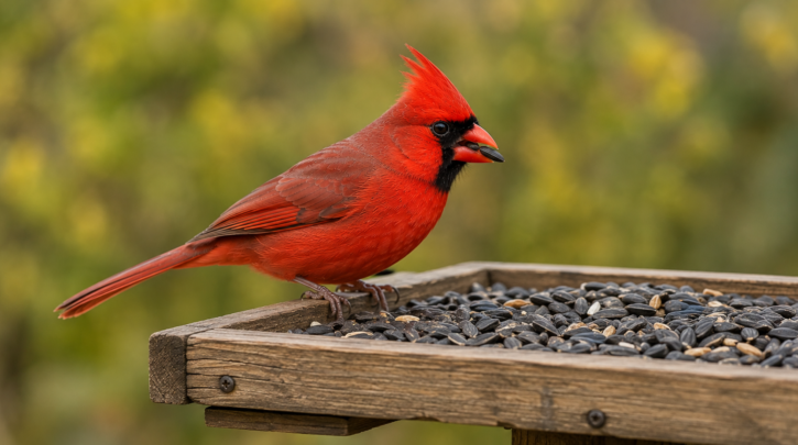Illustration of a Northern Cardinal eating sunflower seed at a feeder