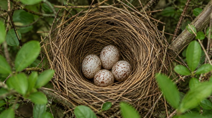 Illustration of speckled Northern Cardinal eggs in a nest