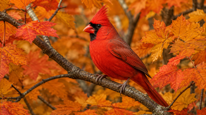 Illustration of a Northern Cardinal among autumn foliage
