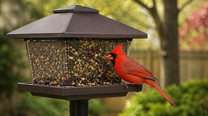 Illustration of a Northern Cardinal feeding at a hopper-style feeder