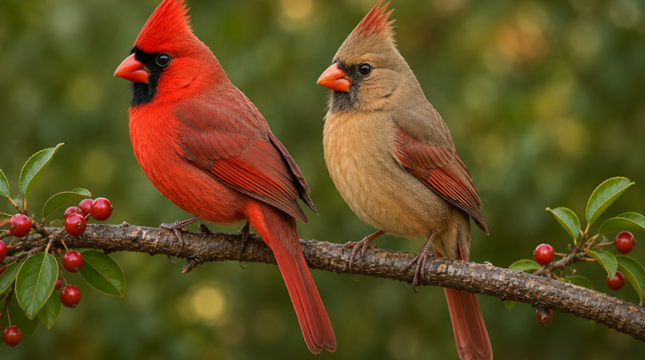Illustration comparing male and female Northern Cardinal plumage