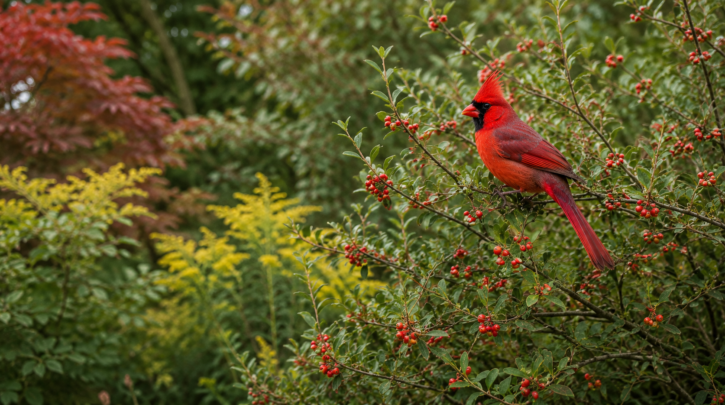 Illustration of a Northern Cardinal in a native berry shrub