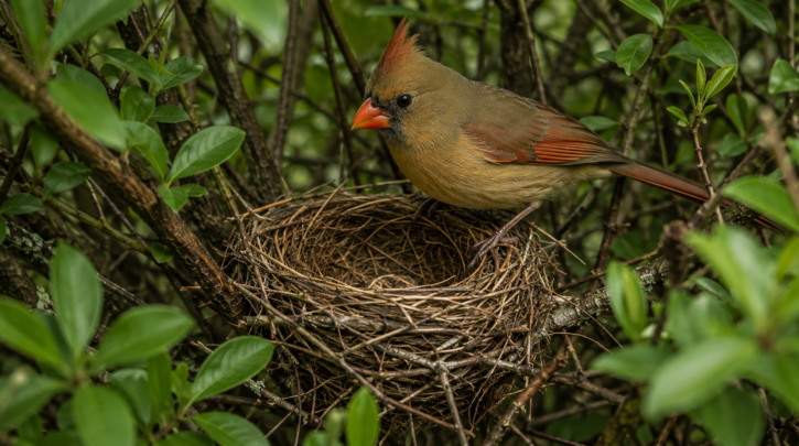 Illustration of a Northern Cardinal nest in a dense shrub