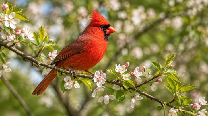 Illustration of a Northern Cardinal on a flowering branch in spring