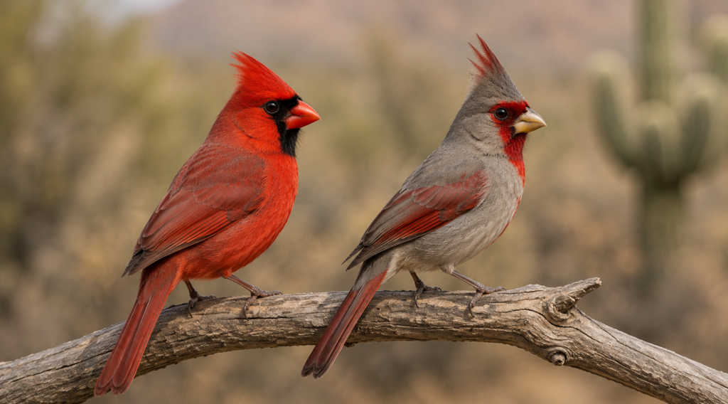 Illustration comparing a Northern Cardinal and a Pyrrhuloxia, showing the bill-shape difference