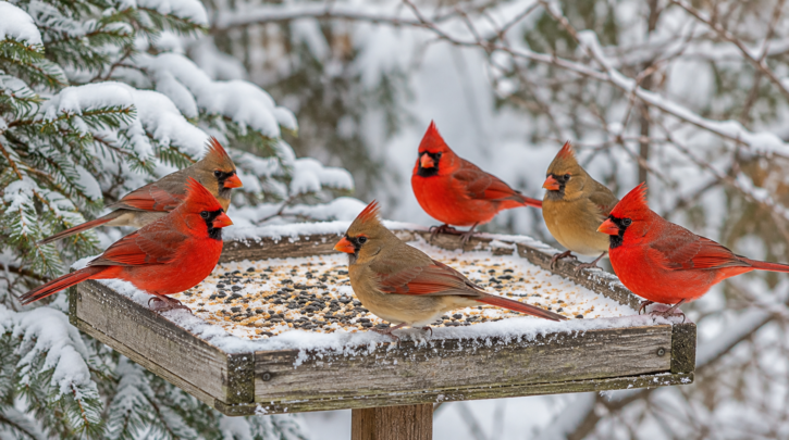 Illustration of a winter flock of Northern Cardinals at a feeder