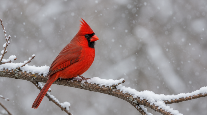 Illustration of a Northern Cardinal in winter snow, showing why they don't migrate